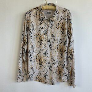 SanSoleil Women Animal Print 1/4 Zip Activewear Top Shirt Size L Tan Long Sleeve